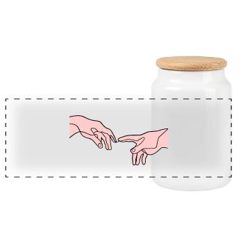 The Creation of Adam hands - Panoramic Cookie Jar with Wooden Lid - white - Front