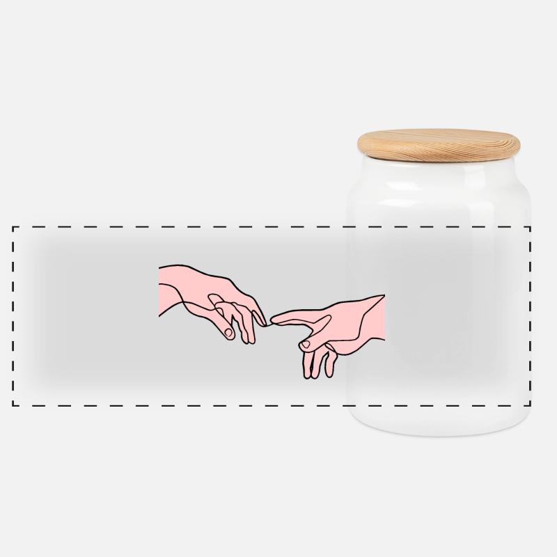 The Creation of Adam hands - Panoramic Cookie Jar with Wooden Lid - white