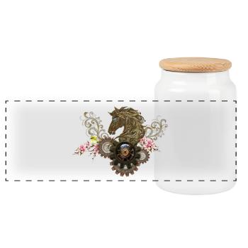 Ce cheval steampunk unique avec des fleurs - Boîte à biscuits avec couvercle en bois - blanc - Devant