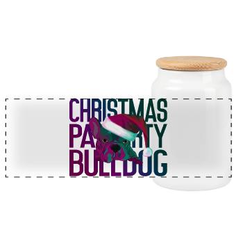 Weihnachten Bulldogge: Weihnachtsmütze X-mas Party - Panorama Keksdose mit Holzdeckel - Weiß - Vorne