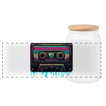 Retro Neon Musik-Kassette Vintage Sound - Panorama Keksdose mit Holzdeckel - Weiß - Vorne