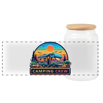 Retro Sunset Camping RV Crew - Panorama Keksdose mit Holzdeckel - Weiß - Vorne