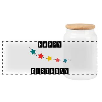 HAPPY BIRTHDAY. HAPPY BIRTHDAY. ANNIVERSARY. - Panoramic Cookie Jar with Wooden Lid - white - Front