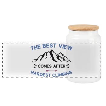 Mountains-The Best View Comes After Hardest Climbs - Panoramic Cookie Jar with Wooden Lid - white - Front