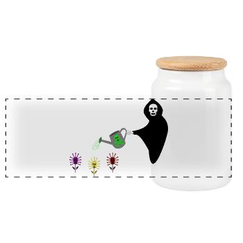 Grim Reaper watering the garden of Skull Flowers - Panoramic Cookie Jar with Wooden Lid - white - Front