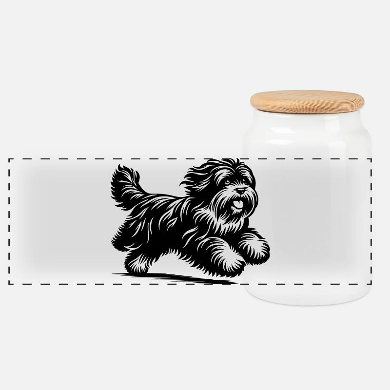 Tibet Terrier - Panorama Keksdose mit Holzdeckel - Weiß