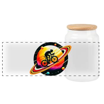 Cyclist on Saturn - Panoramic Cookie Jar with Wooden Lid - white - Front