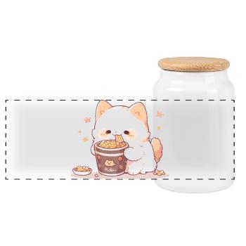 Spaghetti cats - Cat is having fun with past - Panoramic Cookie Jar with Wooden Lid - white - Front