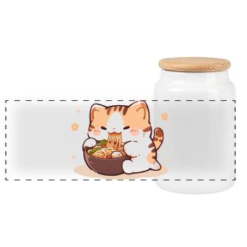 Cat Eating Spaghetti Meme - Panoramic Cookie Jar with Wooden Lid - white - Front