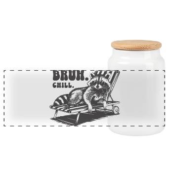 BRUH CHILL-funny raccoon with sunglasses - Panoramic Cookie Jar with Wooden Lid - white - Front