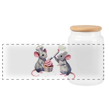 Two cute mice decorating a cupcake together - Panoramic Cookie Jar with Wooden Lid - white - Front