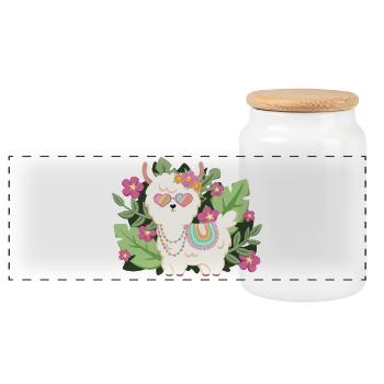 Llama with sunglasses with leaves and flowers - Panoramic Cookie Jar with Wooden Lid - white - Front