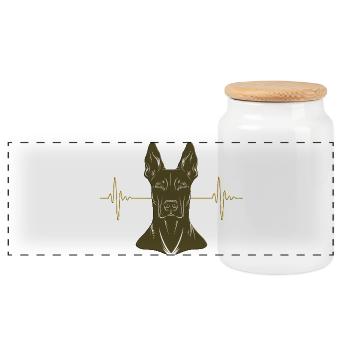 Doberman with heartbeat – gold - Panoramic Cookie Jar with Wooden Lid - white - Front