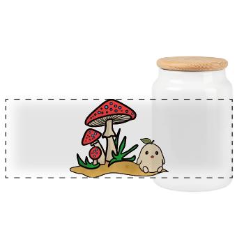 Tama and mushrooms - Panoramic Cookie Jar with Wooden Lid - white - Front