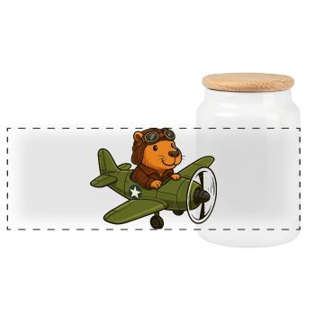 Flying Beaver Pilot in Plane - Panoramic Cookie Jar with Wooden Lid - white - Front