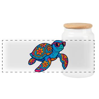 Colorful flower animal turtle with sunglasses - Panoramic Cookie Jar with Wooden Lid - white - Front