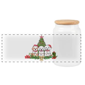 Festive Puppies and Christmas Tree Design - Panoramic Cookie Jar with Wooden Lid - white - Front