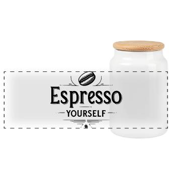 Espresso Yourself – Funny Coffee Pun Design - Panoramic Cookie Jar with Wooden Lid - white - Front