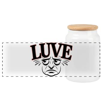 Expressive Cat with Love Typography - Panoramic Cookie Jar with Wooden Lid - white - Front