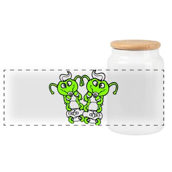 2 caterpillars baby rattle diaper pacifier child born - Panoramic Cookie Jar with Wooden Lid - white - Front