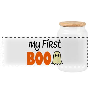 My First Boo - Halloween Baby Saying - Panoramic Cookie Jar with Wooden Lid - white - Front