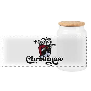 Festive Cat Christmas Illustration - Panoramic Cookie Jar with Wooden Lid - white - Front