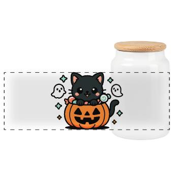 Chaton kawaii dans citrouille Halloween - Boîte à biscuits avec couvercle en bois - blanc - Devant