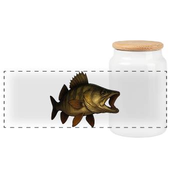 Detailed Zander Fish Artwork - Panoramic Cookie Jar with Wooden Lid - white - Front