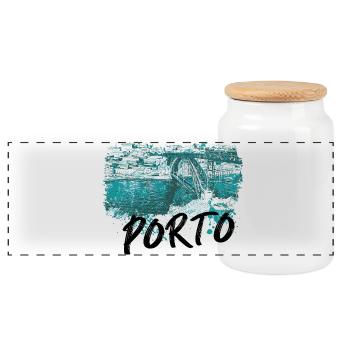 D. Luis Porto Bridge, illustration in blue, Douro - Panoramic Cookie Jar with Wooden Lid - white - Front