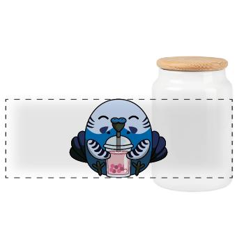 Blue Budgie Bird with Bubble Tea - Panoramic Cookie Jar with Wooden Lid - white - Front