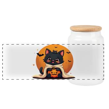 Halloween Cat with Halloween Pumpkin - Panoramic Cookie Jar with Wooden Lid - white - Front
