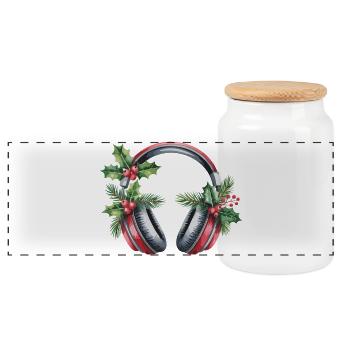 Weihnachtskopfhörer mit Tannengrün - Panorama Keksdose mit Holzdeckel - Weiß - Vorne