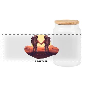 Astronaut Couple — Love On Mars - Panoramic Cookie Jar with Wooden Lid - white - Front