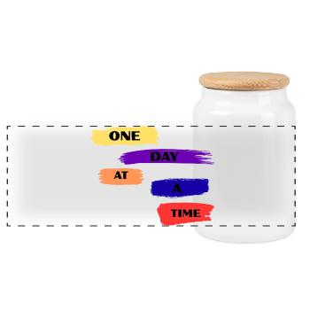 One Day At A Time Brush Quote - Panoramic Cookie Jar with Wooden Lid - white - Front