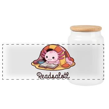 Readsalotl Axolotl Reading Books - Panoramic Cookie Jar with Wooden Lid - white - Front