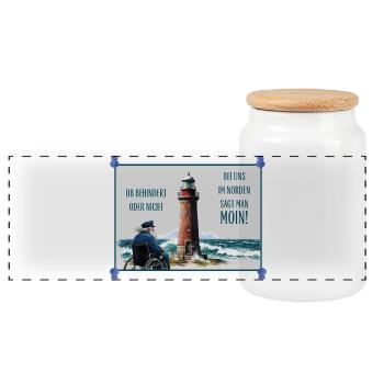 Norddeutscher Leuchtturm zum Thema Inklusion - Panorama Keksdose mit Holzdeckel - Weiß - Vorne