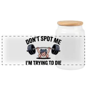 Don't spot me, I'm trying to die - Funny Gym Cat - Panorama Keksdose mit Holzdeckel - Weiß - Vorne