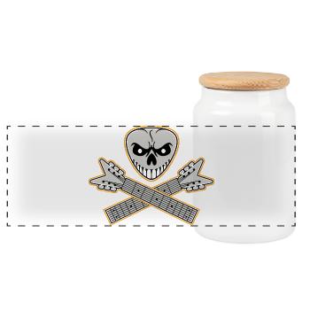 Skull and Crossed Guitars Orange Outline - Panoramic Cookie Jar with Wooden Lid - white - Front