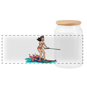 Pin-up girl on water skis - Panoramic Cookie Jar with Wooden Lid - white - Front