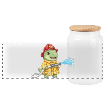 T-Rex Fire Brigade Dinosaur Kids Boys - Panoramic Cookie Jar with Wooden Lid - white - Front