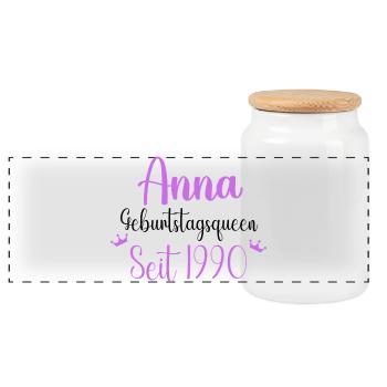Anna Geburtstagsqueen Seit 1990 Geschenk Design - Panorama Keksdose mit Holzdeckel - Weiß - Vorne