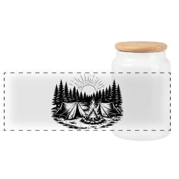 Camping Tent Forest Landscape - Panoramic Cookie Jar with Wooden Lid - white - Front