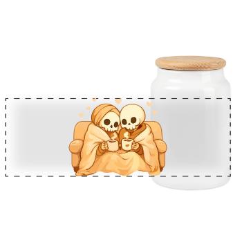 Cozy Skelett Paar auf Sofa – Wärme & Nähe - Panorama Keksdose mit Holzdeckel - Weiß - Vorne