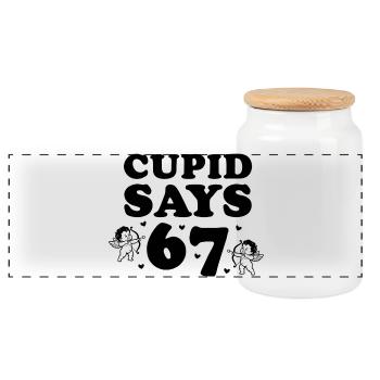 Cupid Says 67 – großes Schriftmotiv - Panorama Keksdose mit Holzdeckel - Weiß - Vorne