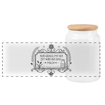 Just be patient - over time grass turns into milk - Panoramic Cookie Jar with Wooden Lid - white - Front