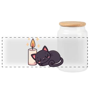 Schlafende schwarze Katze und helle Kerze - Panorama Keksdose mit Holzdeckel - Weiß - Vorne