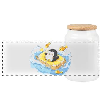 Captain Penguin on Orange Surfboard - Panoramic Cookie Jar with Wooden Lid - white - Front