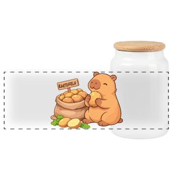 Capybara mit Kartoffeln – entspannt & niedlich - Panorama Keksdose mit Holzdeckel - Weiß - Vorne