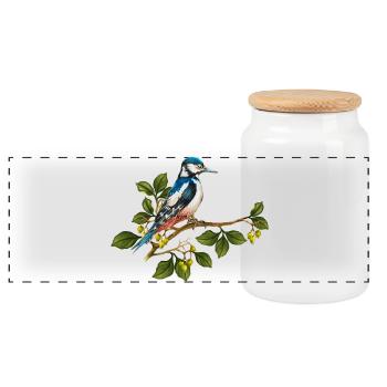 Bunter Vogel - Panorama Keksdose mit Holzdeckel - Weiß - Vorne