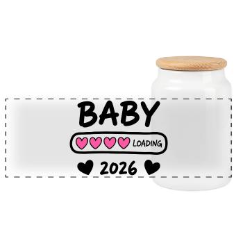 Baby Loading 2026 Schwangerschaft Eltern - Panorama Keksdose mit Holzdeckel - Weiß - Vorne